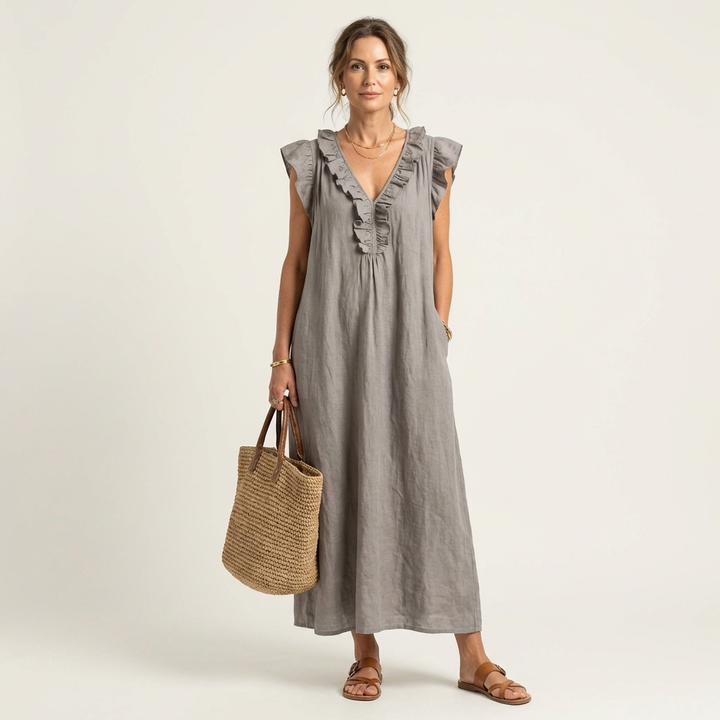 Josette | Robe Maxi en Lin à Volants et Col en V
