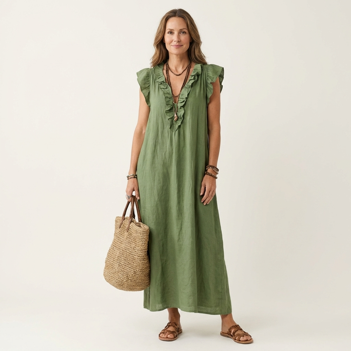 Josette | Robe Maxi en Lin à Volants et Col en V