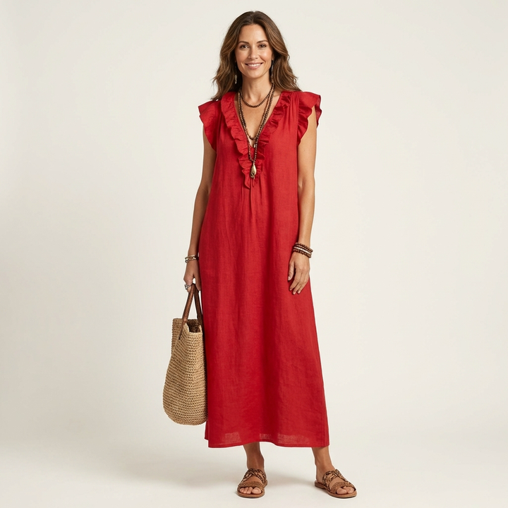 Josette | Robe Maxi en Lin à Volants et Col en V