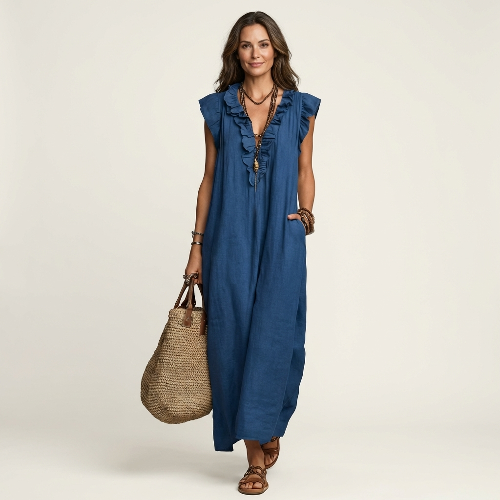 Josette | Robe Maxi en Lin à Volants et Col en V