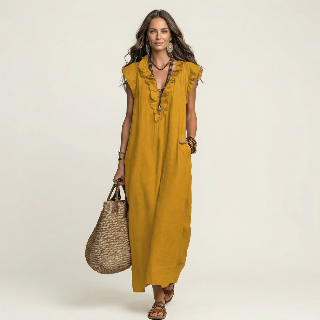 Josette | Robe Maxi en Lin à Volants et Col en V