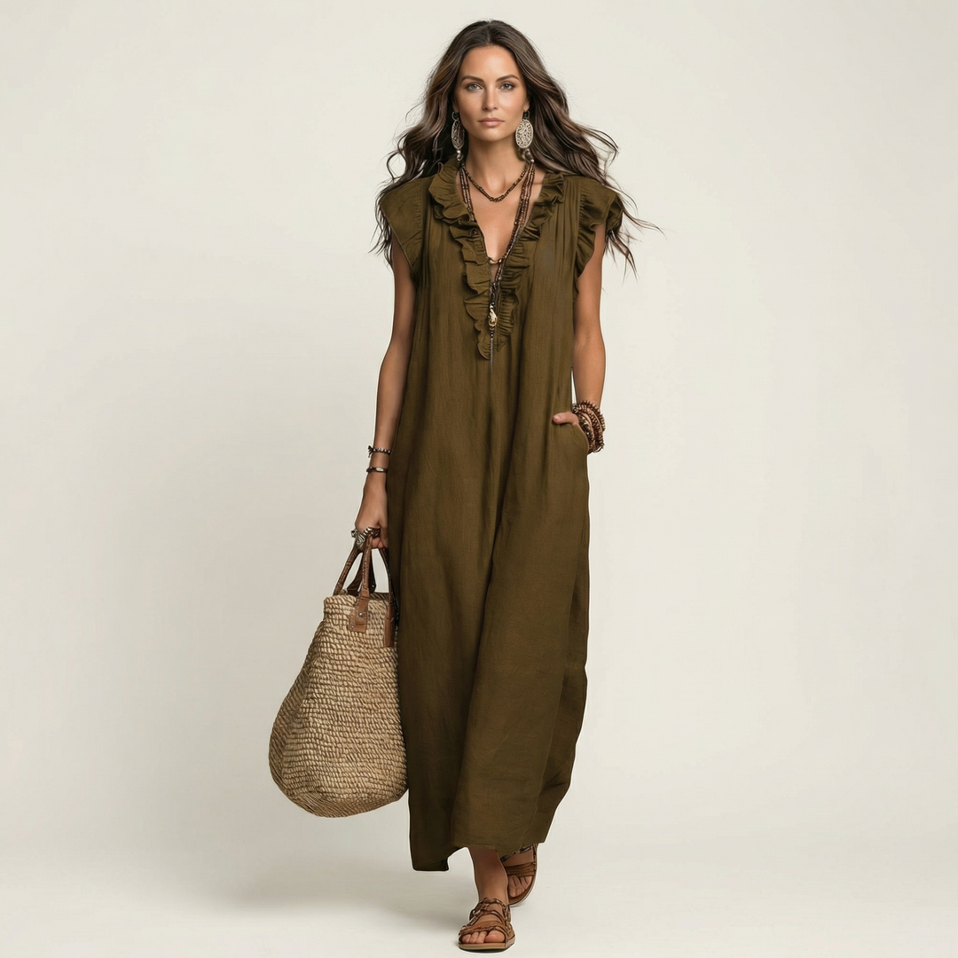Josette | Robe Maxi en Lin à Volants et Col en V