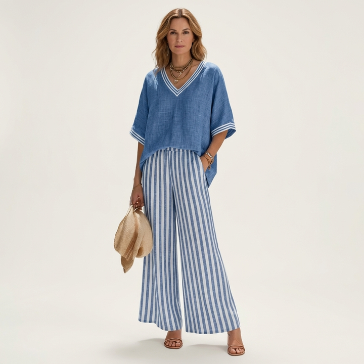 Juliana | Ensemble Haut Varsity Col en V & Pantalon Large Rayé