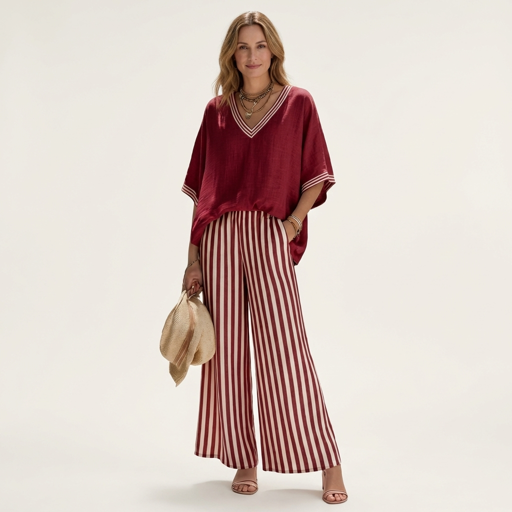 Juliana | Ensemble Haut Varsity Col en V & Pantalon Large Rayé