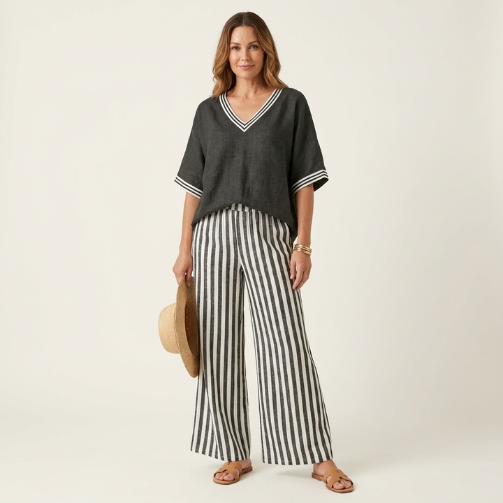 Juliana | Ensemble Haut Varsity Col en V & Pantalon Large Rayé