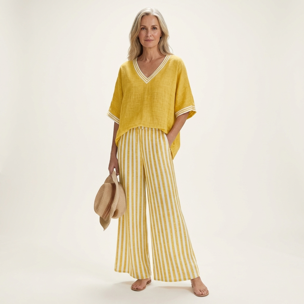 Juliana | Ensemble Haut Varsity Col en V & Pantalon Large Rayé