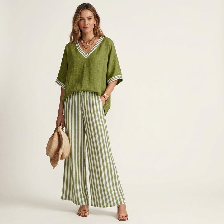 Juliana | Ensemble Haut Varsity Col en V & Pantalon Large Rayé