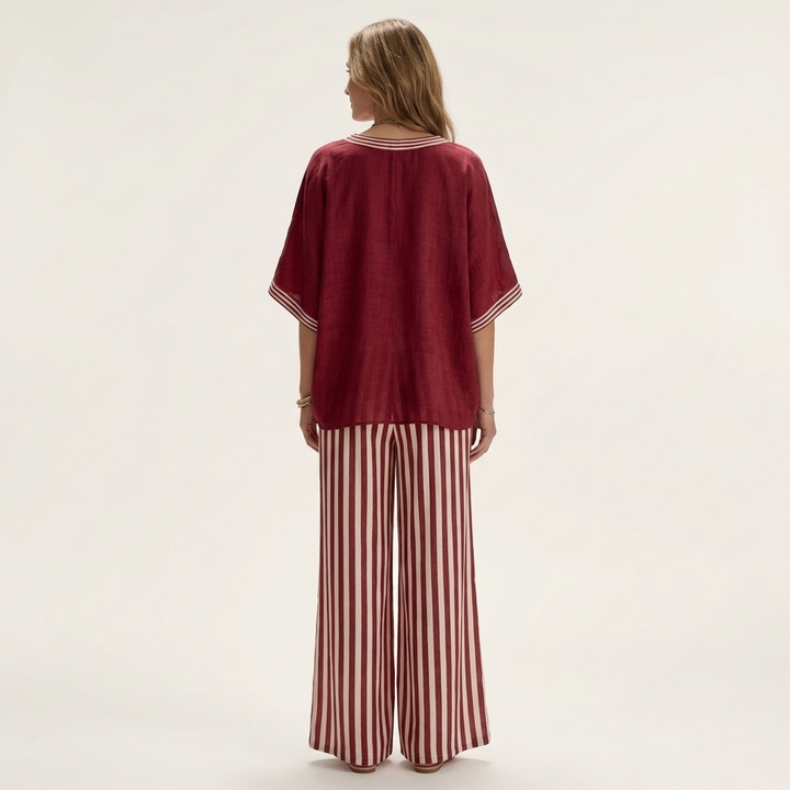 Juliana | Ensemble Haut Varsity Col en V & Pantalon Large Rayé