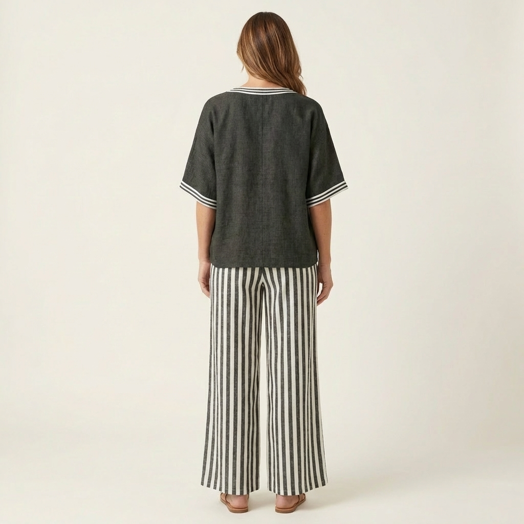 Juliana | Ensemble Haut Varsity Col en V & Pantalon Large Rayé