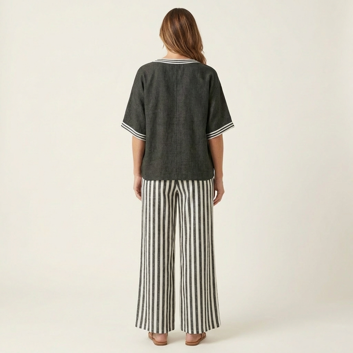 Juliana | Ensemble Haut Varsity Col en V & Pantalon Large Rayé