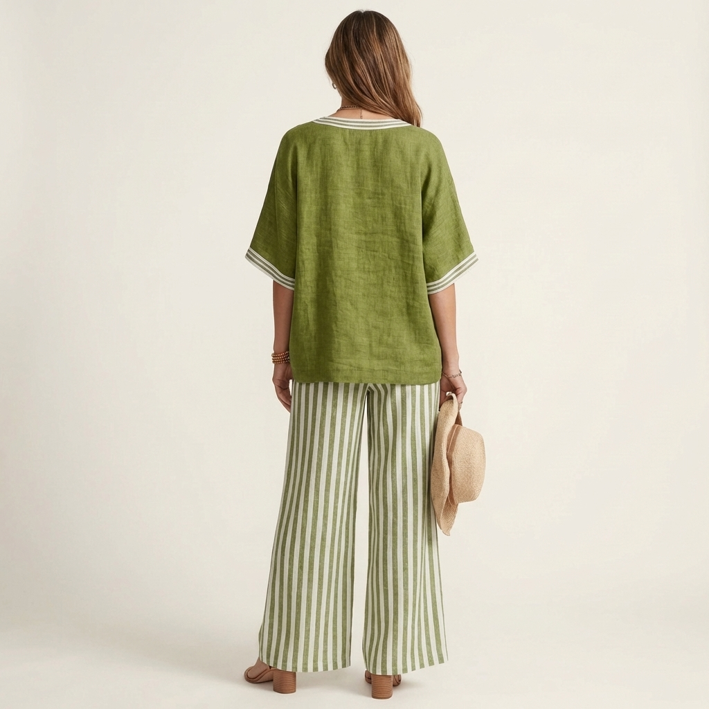 Juliana | Ensemble Haut Varsity Col en V & Pantalon Large Rayé