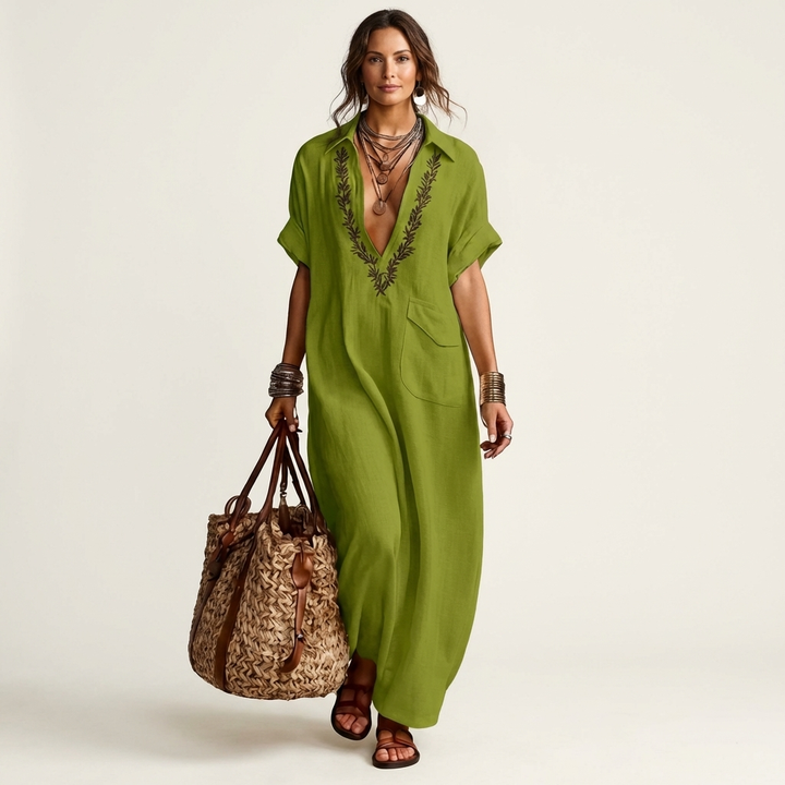 Amarina | Robe Maxi en Lin Brodée à Col en V
