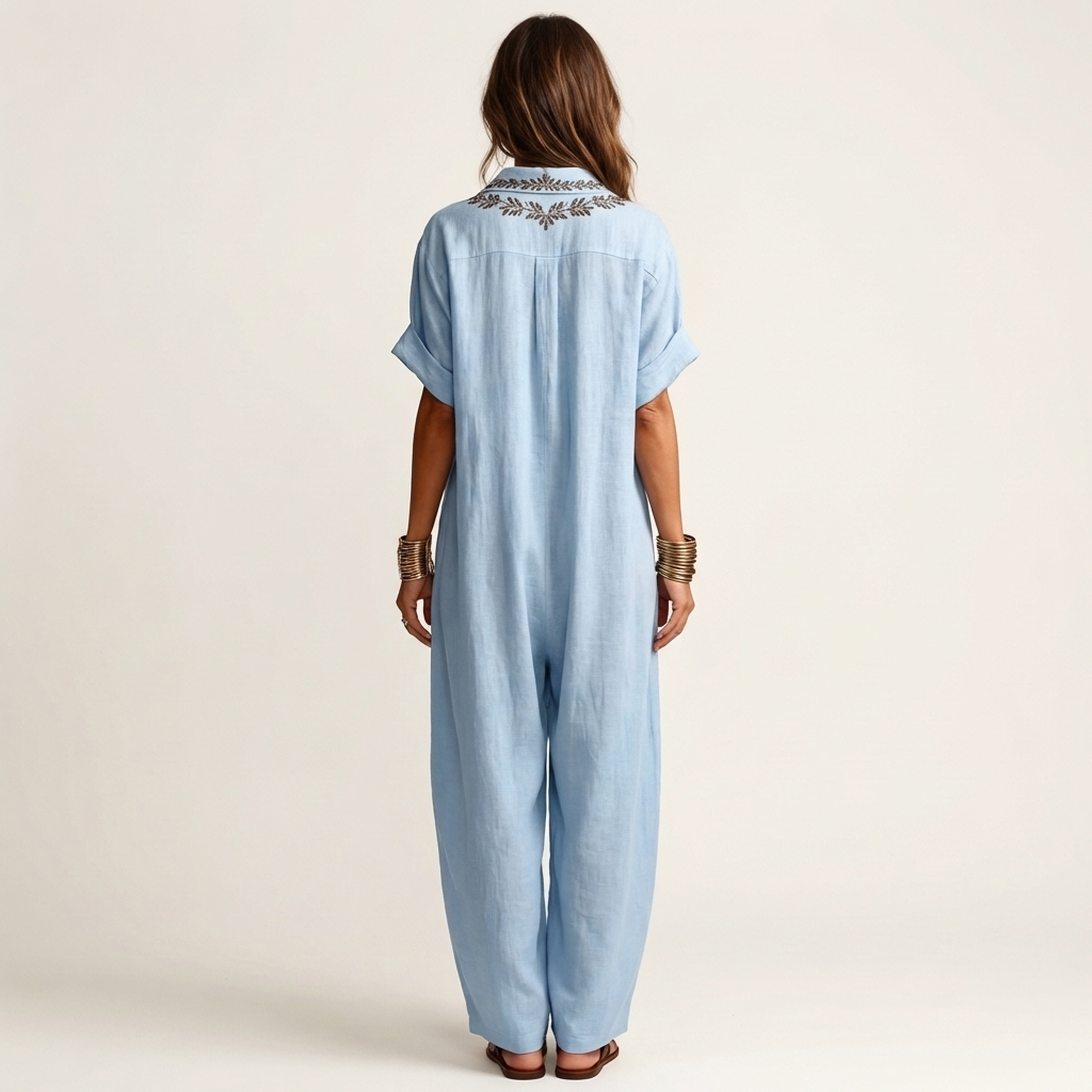 Amarina | Robe Maxi en Lin Brodée à Col en V