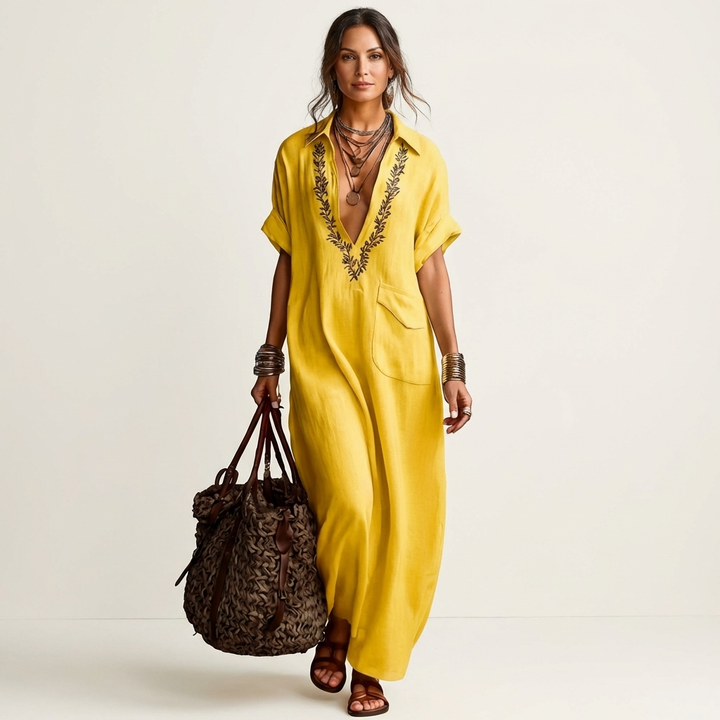 Amarina | Robe Maxi en Lin Brodée à Col en V