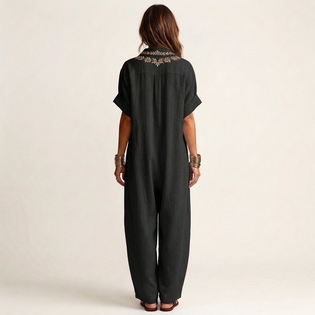 Amarina | Robe Maxi en Lin Brodée à Col en V