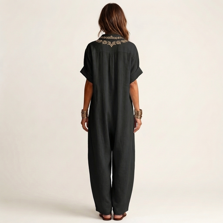 Amarina | Robe Maxi en Lin Brodée à Col en V