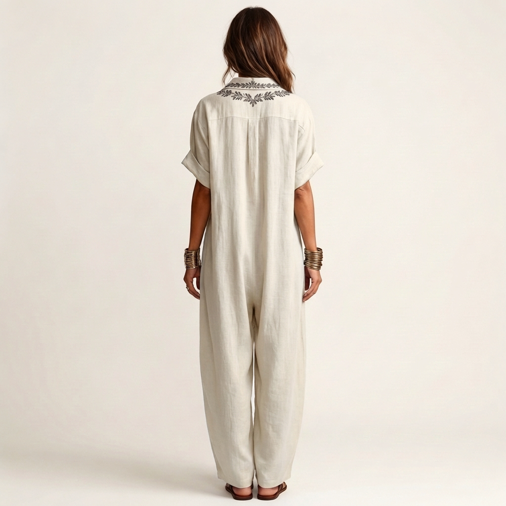 Amarina | Robe Maxi en Lin Brodée à Col en V