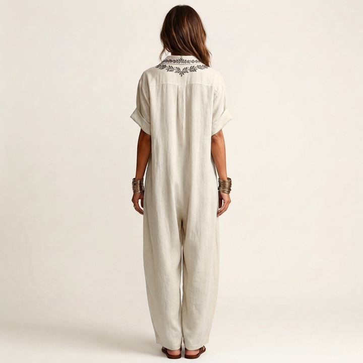 Amarina | Robe Maxi en Lin Brodée à Col en V