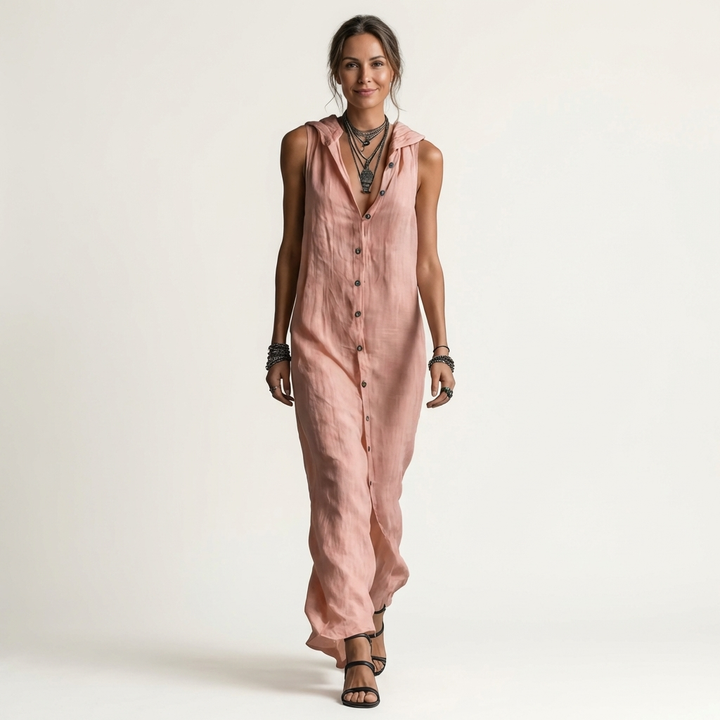 Mirabell | Robe Maxi en Lin à Capuche, Boutonnée, Sans Manches