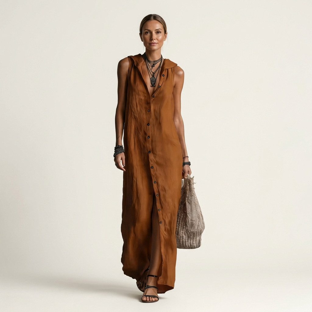Mirabell | Robe Maxi en Lin à Capuche, Boutonnée, Sans Manches
