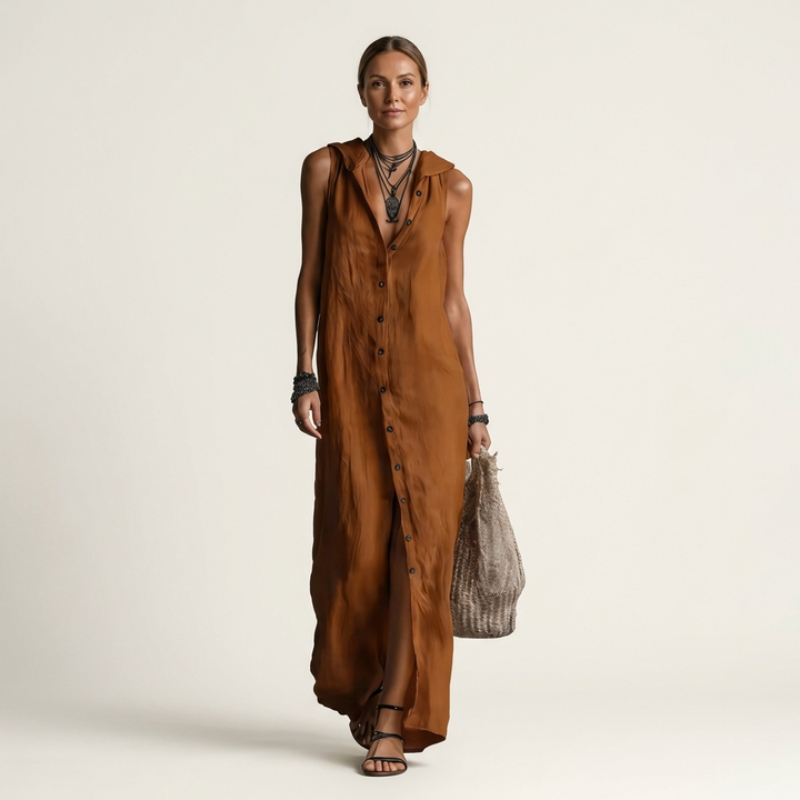 Mirabell | Robe Maxi en Lin à Capuche, Boutonnée, Sans Manches