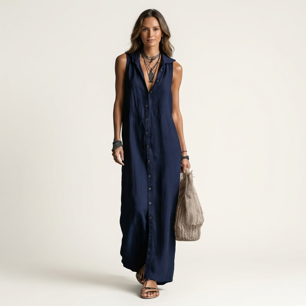 Mirabell | Robe Maxi en Lin à Capuche, Boutonnée, Sans Manches