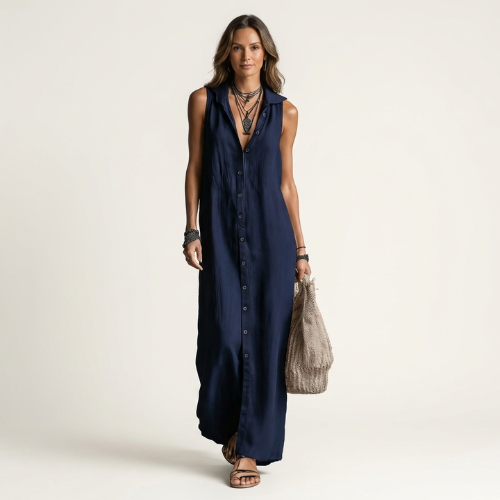 Mirabell | Robe Maxi en Lin à Capuche, Boutonnée, Sans Manches