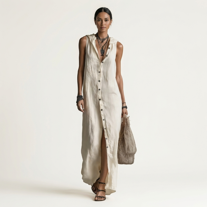 Mirabell | Robe Maxi en Lin à Capuche, Boutonnée, Sans Manches