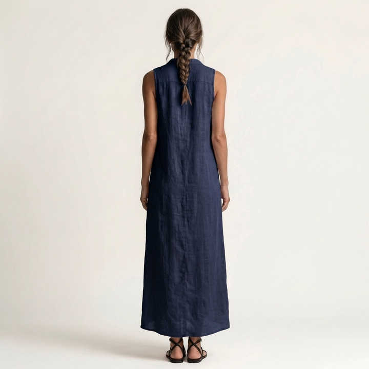 Mirabell | Robe Maxi en Lin à Capuche, Boutonnée, Sans Manches