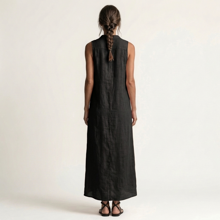Mirabell | Robe Maxi en Lin à Capuche, Boutonnée, Sans Manches