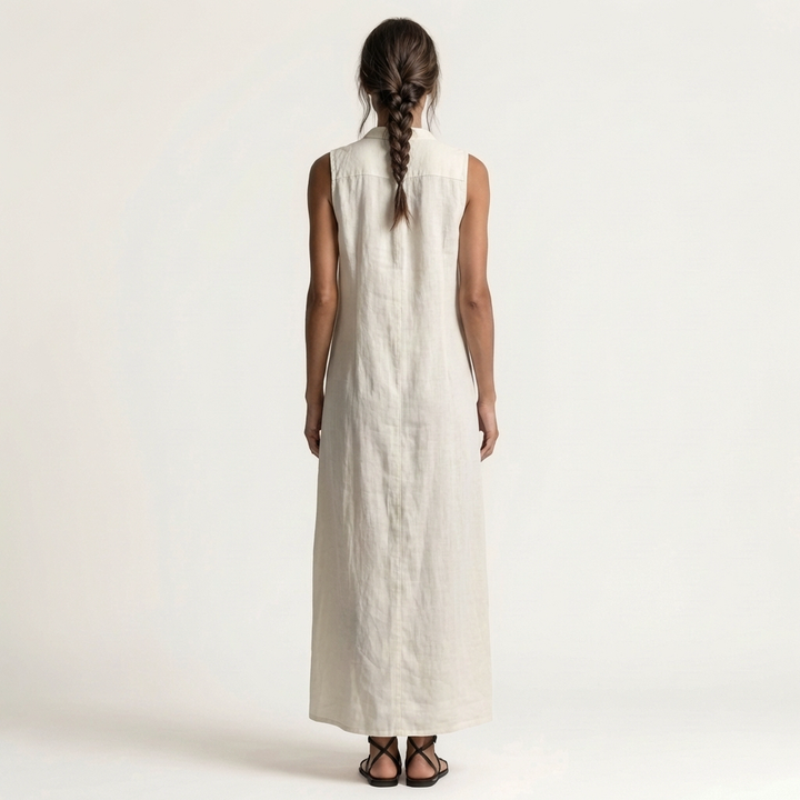 Mirabell | Robe Maxi en Lin à Capuche, Boutonnée, Sans Manches