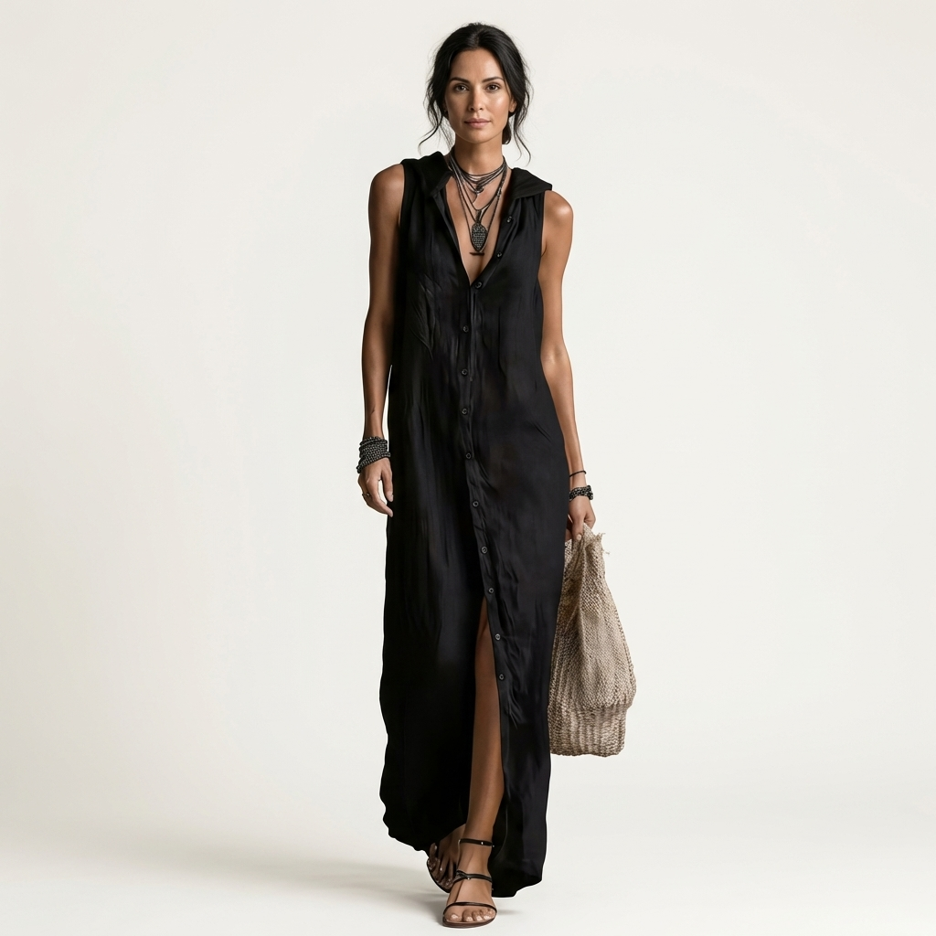Mirabell | Robe Maxi en Lin à Capuche, Boutonnée, Sans Manches
