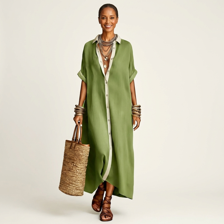 Kamira | Robe Chemise Maxi à Manches Courtes, Col Contrastant, Boutonnée