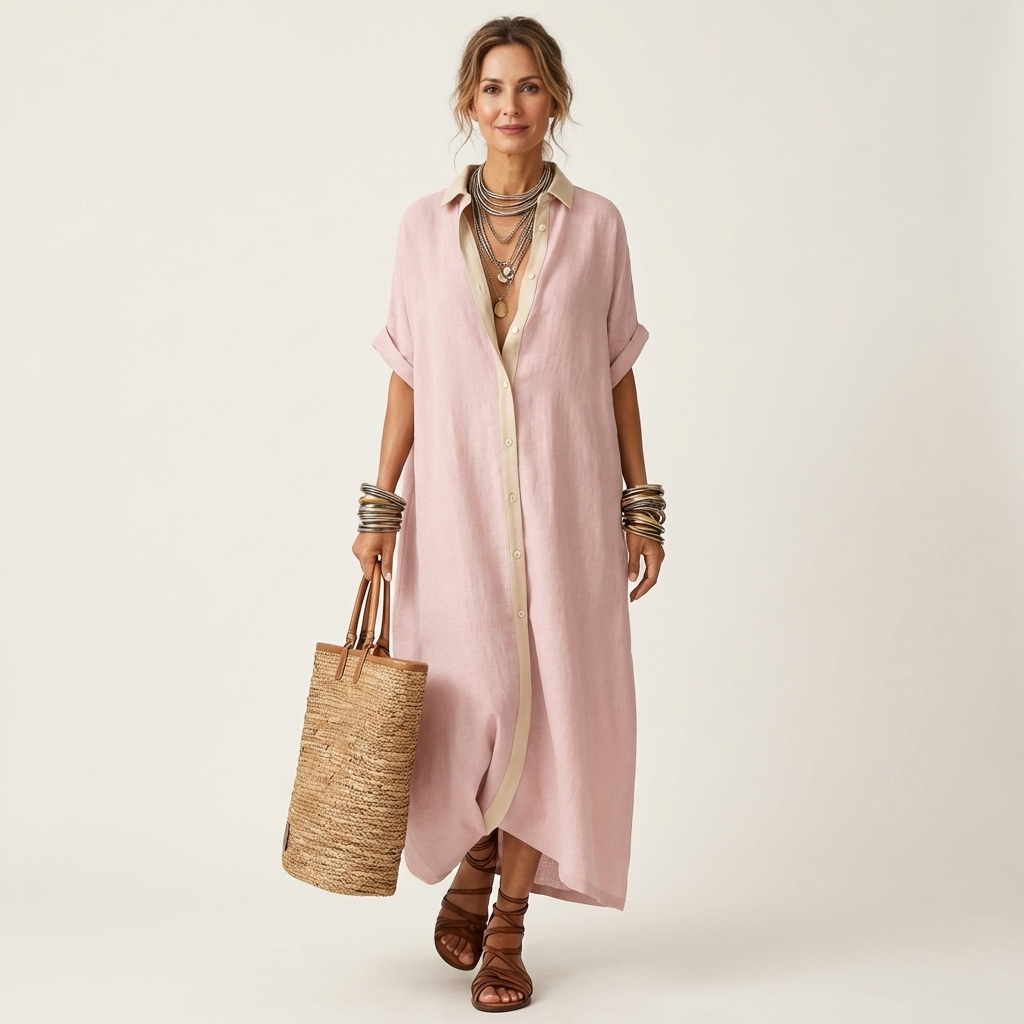 Kamira | Robe Chemise Maxi à Manches Courtes, Col Contrastant, Boutonnée
