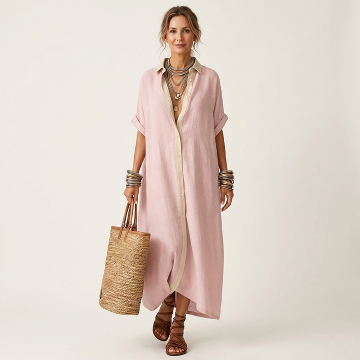 Kamira | Robe Chemise Maxi à Manches Courtes, Col Contrastant, Boutonnée
