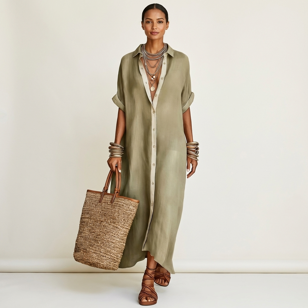 Kamira | Robe Chemise Maxi à Manches Courtes, Col Contrastant, Boutonnée