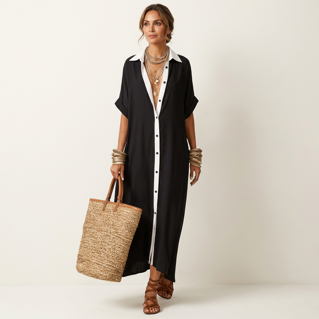 Kamira | Robe Chemise Maxi à Manches Courtes, Col Contrastant, Boutonnée