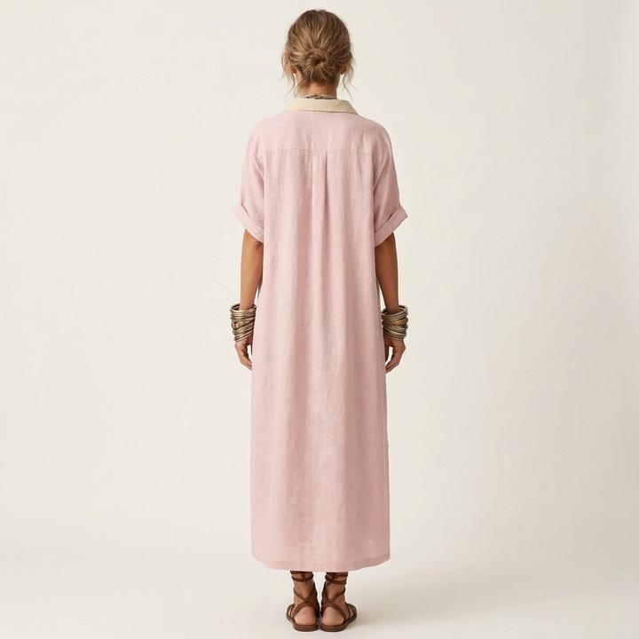 Kamira | Robe Chemise Maxi à Manches Courtes, Col Contrastant, Boutonnée