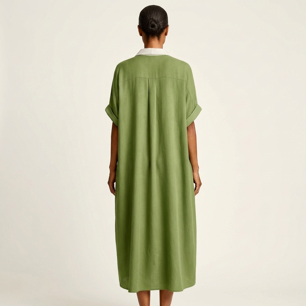 Kamira | Robe Chemise Maxi à Manches Courtes, Col Contrastant, Boutonnée