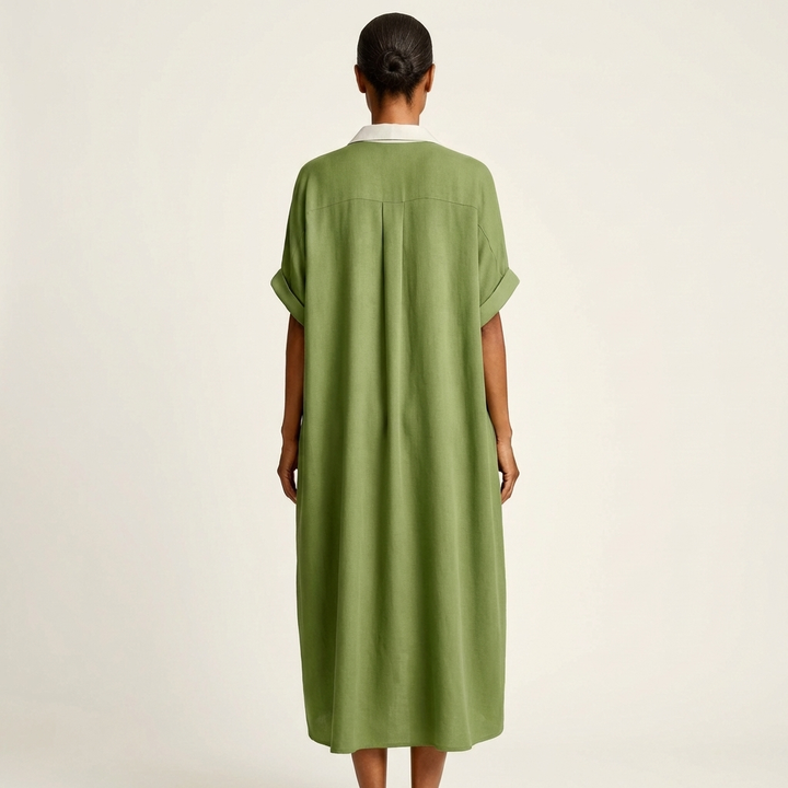 Kamira | Robe Chemise Maxi à Manches Courtes, Col Contrastant, Boutonnée