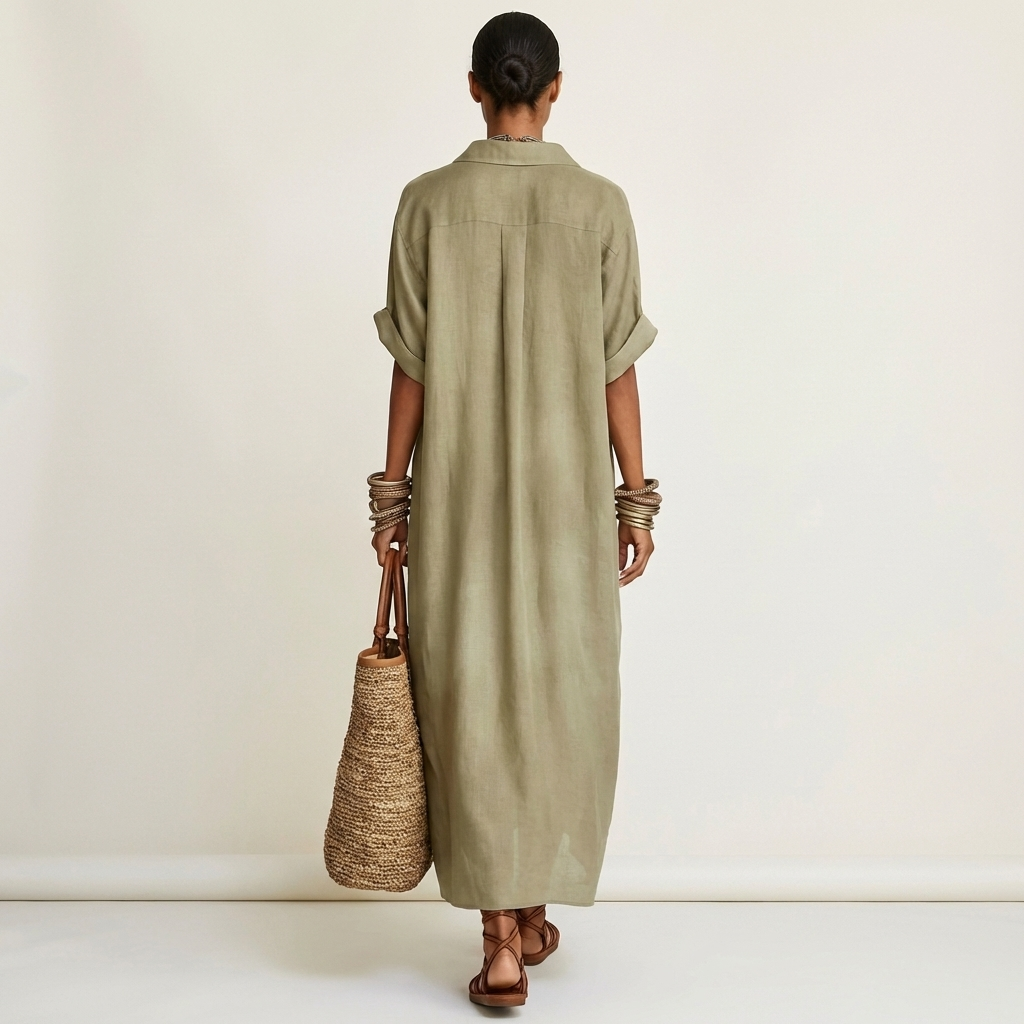 Kamira | Robe Chemise Maxi à Manches Courtes, Col Contrastant, Boutonnée