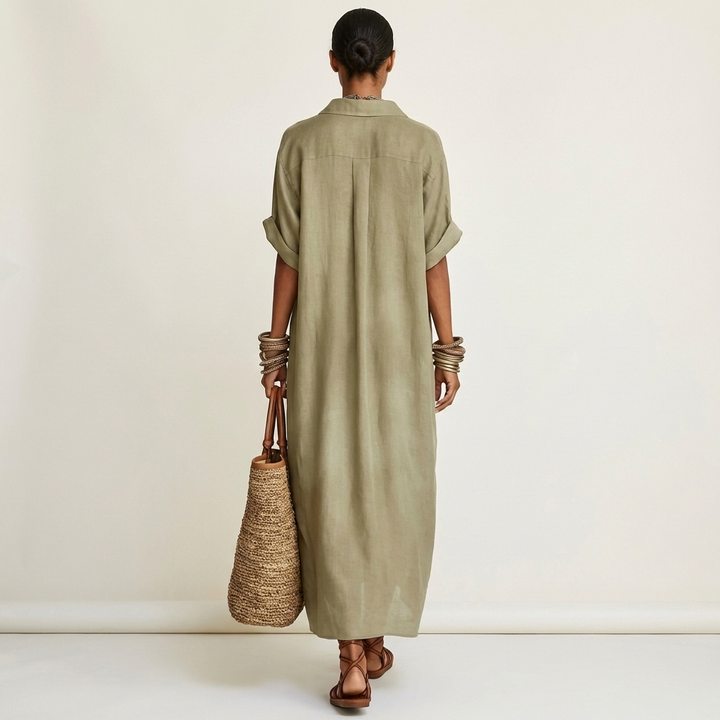 Kamira | Robe Chemise Maxi à Manches Courtes, Col Contrastant, Boutonnée