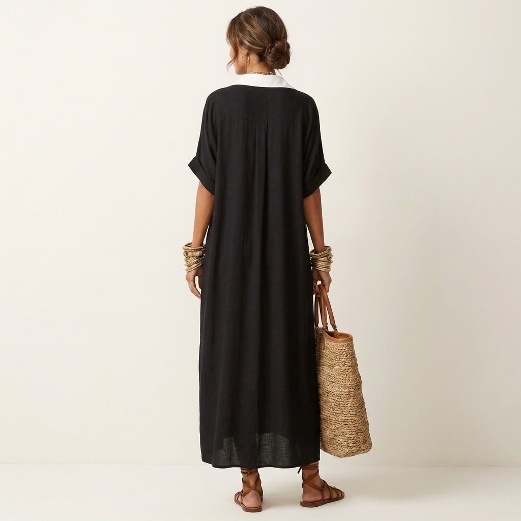 Kamira | Robe Chemise Maxi à Manches Courtes, Col Contrastant, Boutonnée