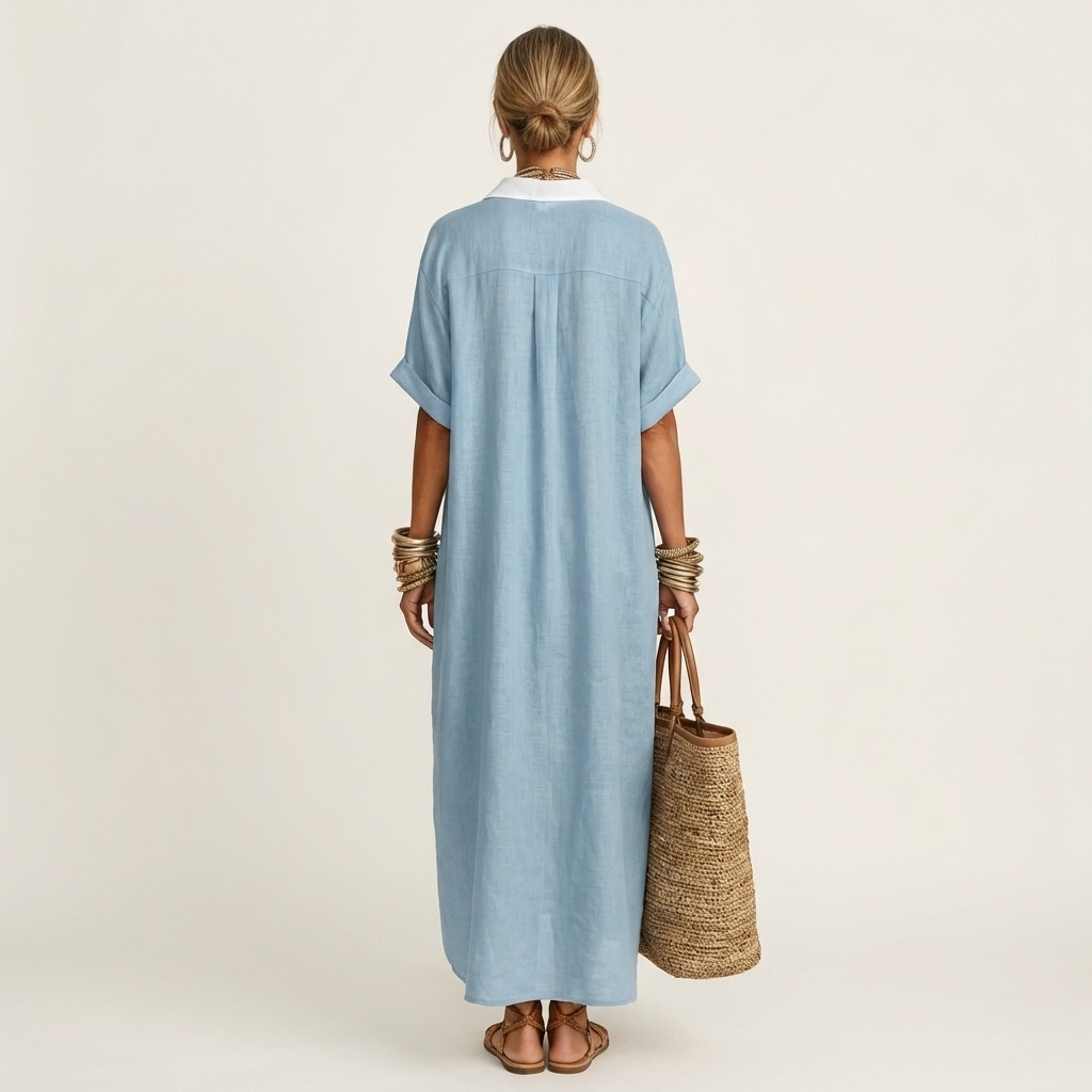 Kamira | Robe Chemise Maxi à Manches Courtes, Col Contrastant, Boutonnée