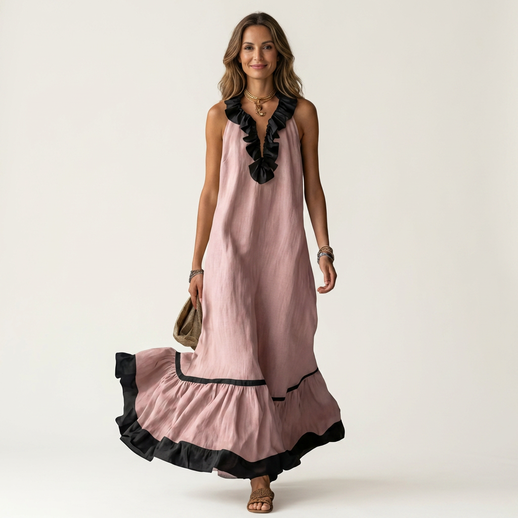Mayline | Robe Maxi Sans Manches à Col Volanté et Liseré Contrastant