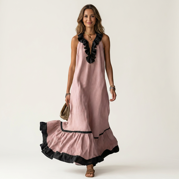 Mayline | Robe Maxi Sans Manches à Col Volanté et Liseré Contrastant