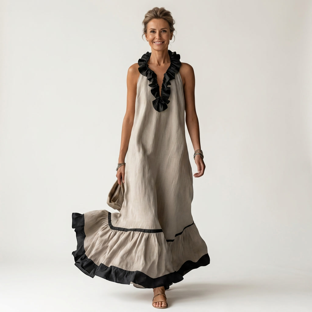 Mayline | Robe Maxi Sans Manches à Col Volanté et Liseré Contrastant