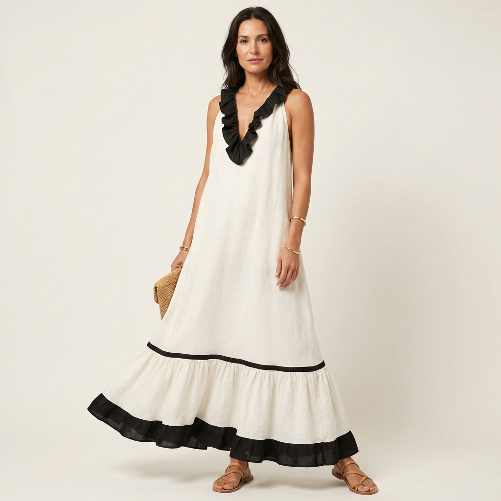 Mayline | Robe Maxi Sans Manches à Col Volanté et Liseré Contrastant