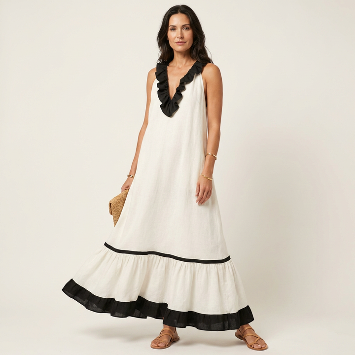 Mayline | Robe Maxi Sans Manches à Col Volanté et Liseré Contrastant