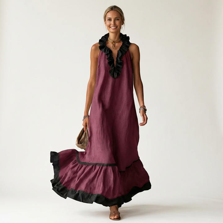 Mayline | Robe Maxi Sans Manches à Col Volanté et Liseré Contrastant